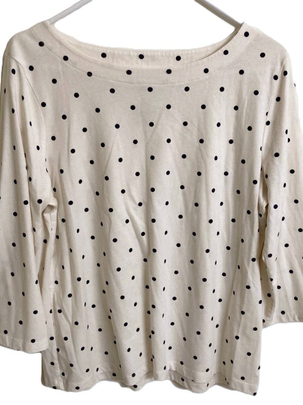 St. John's Bay Women's Cream Boatneck Navy Blue Polka Dot Top Shirt Size PL